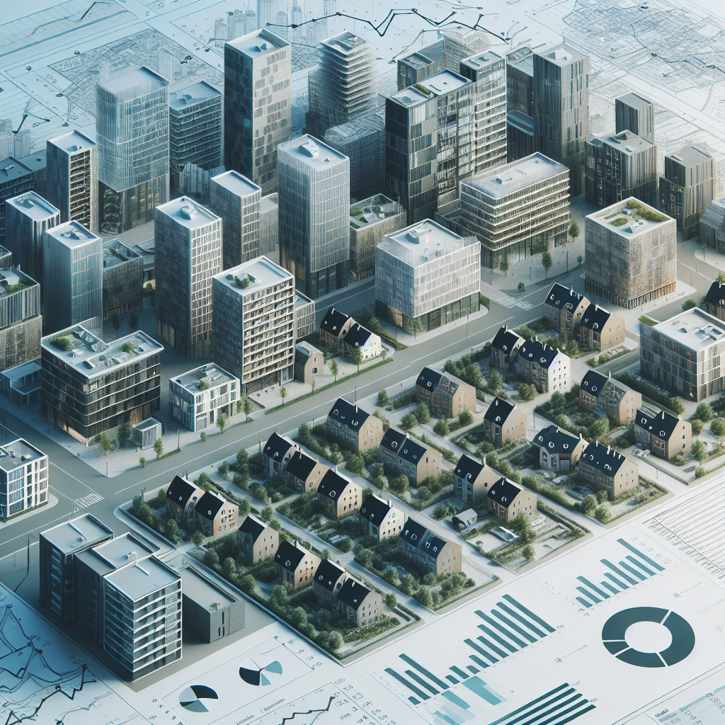 A modern aerial view of Danish urban real estate with diverse investment properties, overlay of financial charts and loan documents, clean professional style