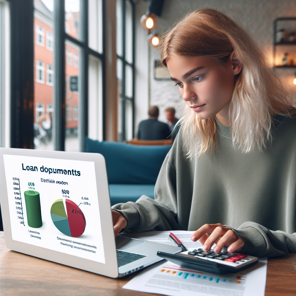 A modern Danish student reviewing loan documents at a Copenhagen café: laptop, calculator, and an infographic showing falling interest rates with soft Danish light