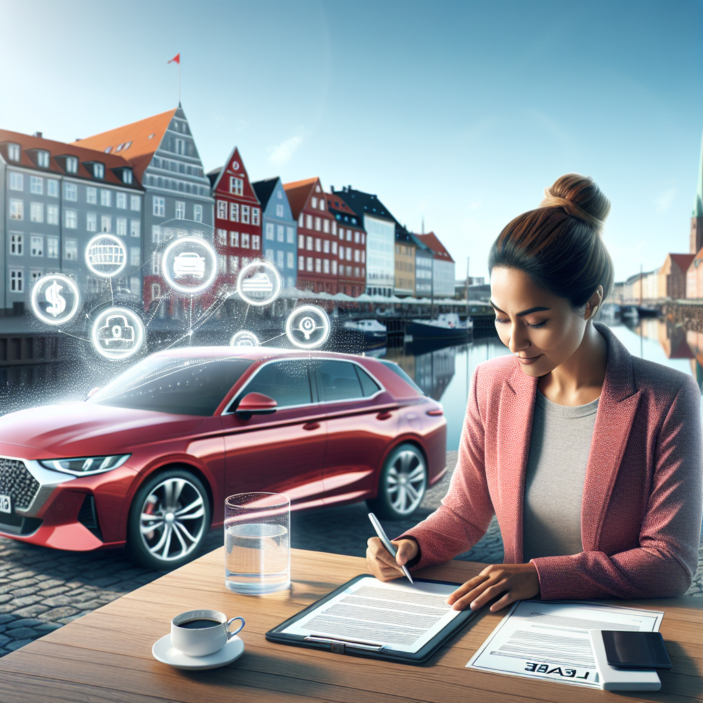 A modern Danish urban scene with a leased car parked near a waterfront, a person signing paperwork on a tablet, and subtle financial icons indicating loan approval — clean, professional, optimistic lighting
