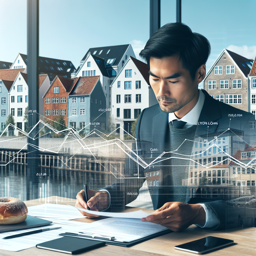 A modern Copenhagen cityscape with mixed residential buildings, a professional investor reviewing loan documents at a table, and subtle financial graphs overlay, daylight