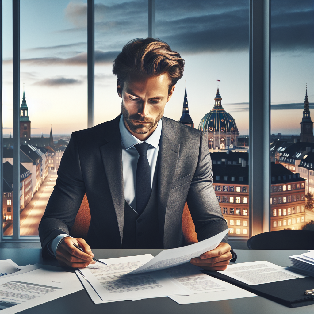 A Danish small business owner reviewing loan documents at a desk with Copenhagen skyline in the background, modern clean style, warm professional lighting